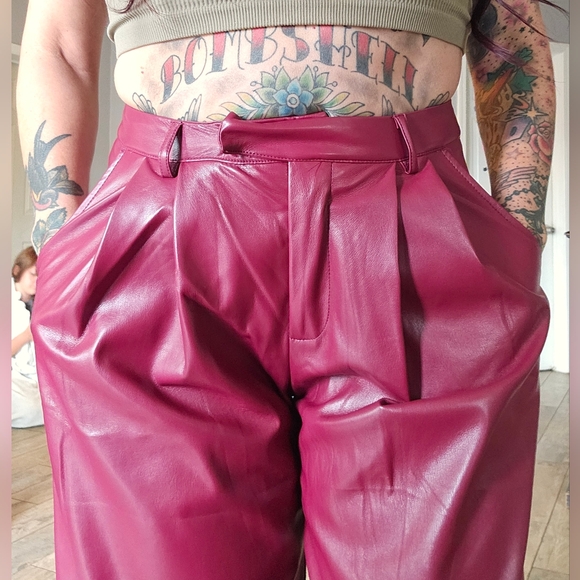 Red Faux Leather Boot Cut Pants - Picture 7 of 9